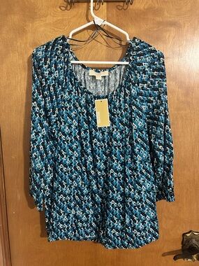 NWT Michael Kors Cyan Blue & Black Scoop Neck Top
